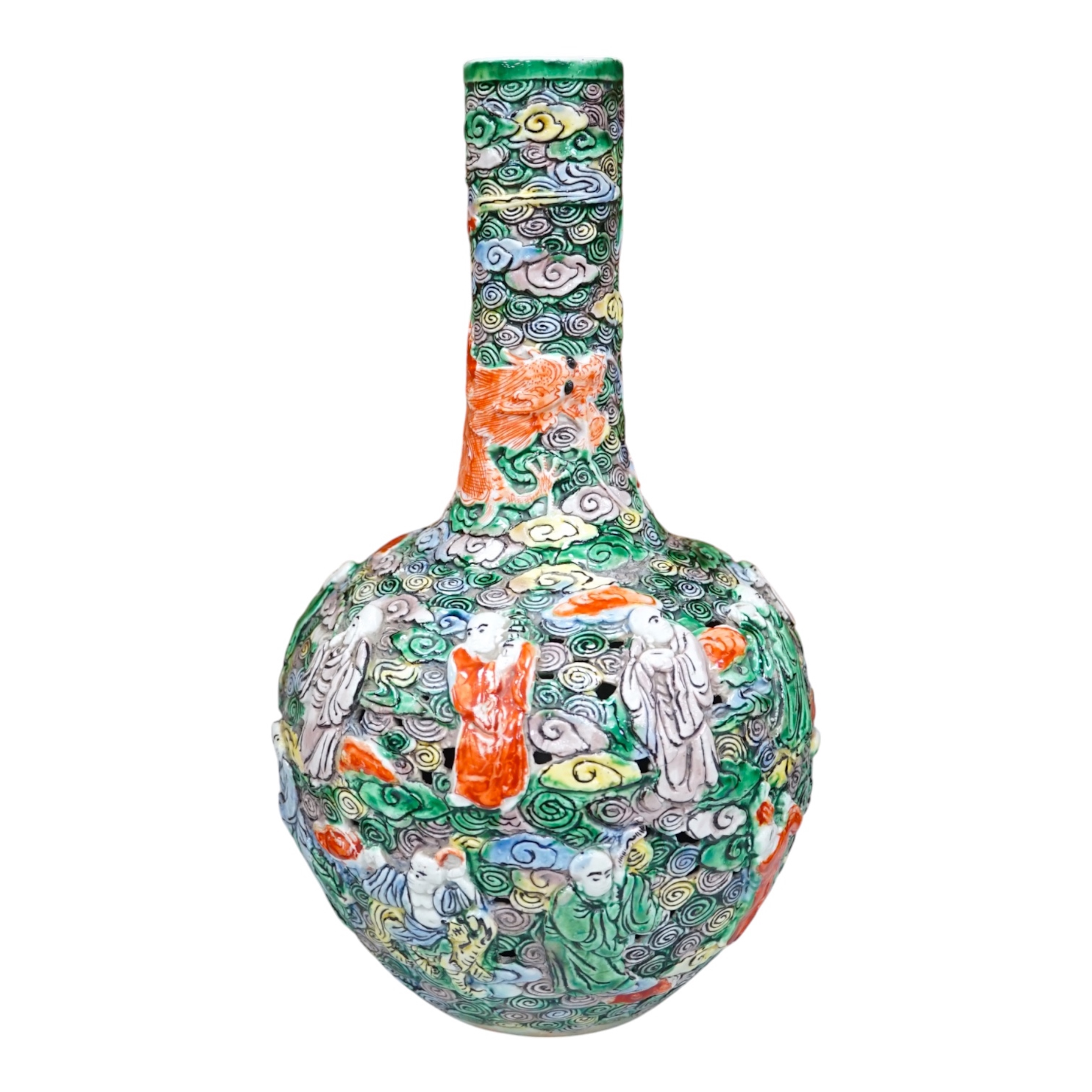 A Chinese moulded and reticulated porcelain eighteen luohan bottle vase, early 20th century, 34cm high. Condition - good